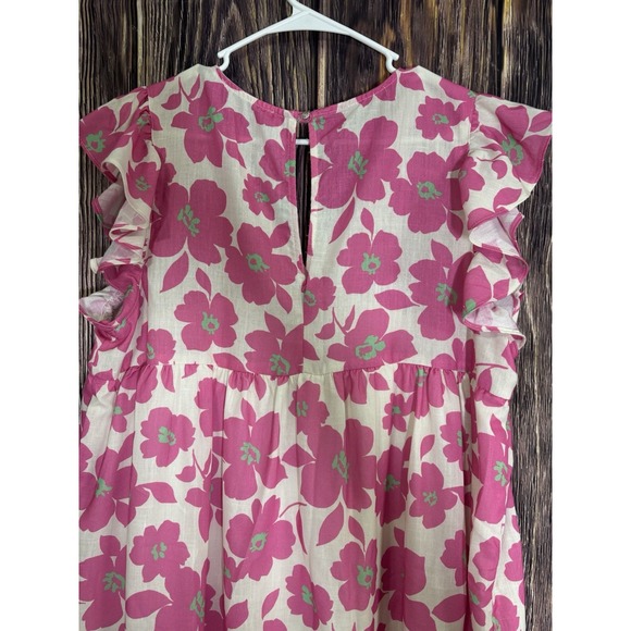 Spin USA Womens Mini Dress XL White w/ Pink Floral Print V-Neck Linen - Picture 3 of 15